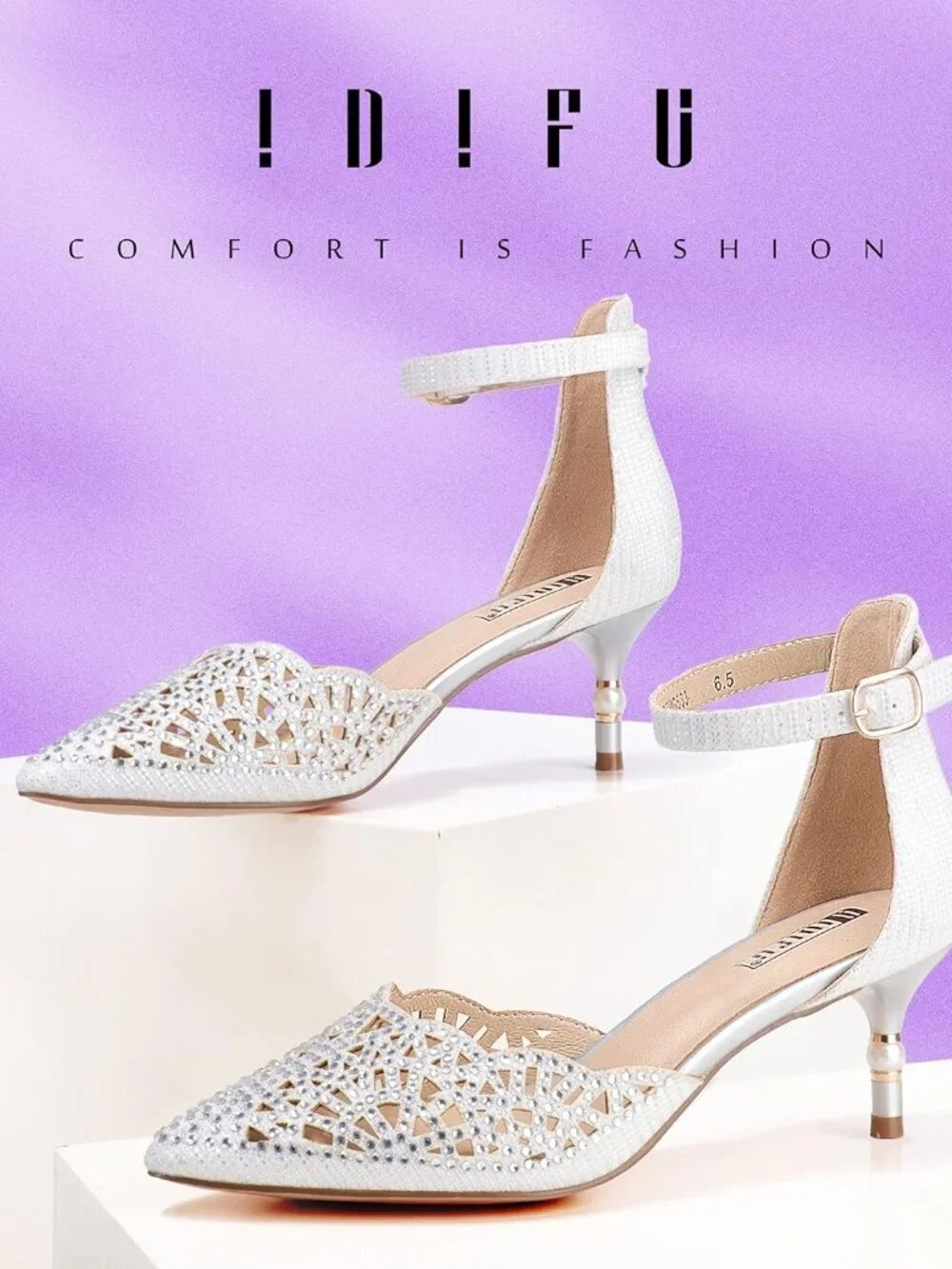Women's White Rhinestones Low Kitten Heels Pumps Evening Dress Shoes
